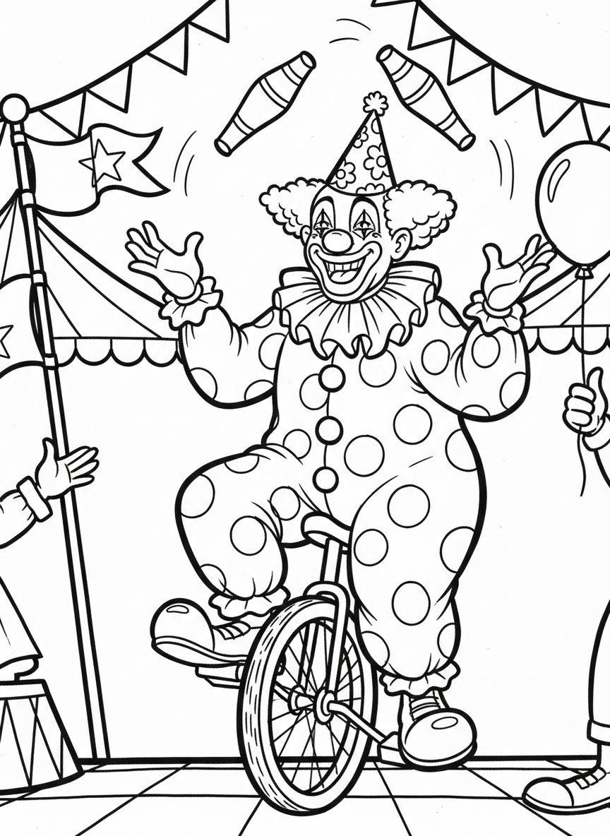 A juggling clown on a unicycle, balancing while tossing pins in the air, with a big smile.