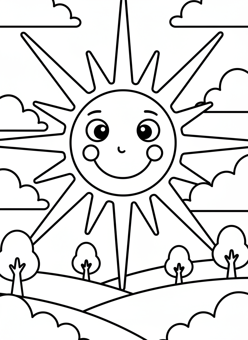 A cheerful smiling sun with big rays spreading across the sky, simple line art coloring page for young children