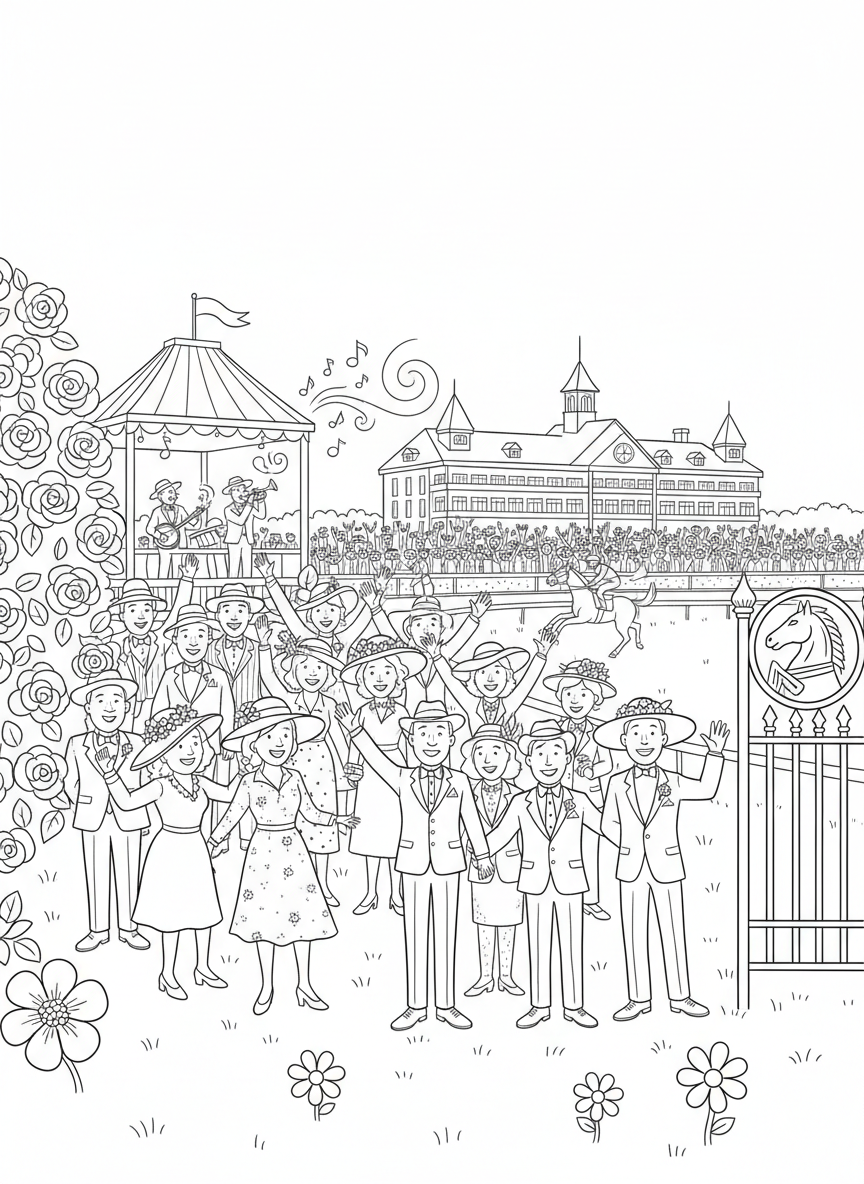 Kentucky Derby coloring page prompts capturing elegance, horse racing tradition, spring fashion, and historic pageantry.	A festive infield scene with cheering fans, music playing, and springtime energy filling the historic Derby grounds.