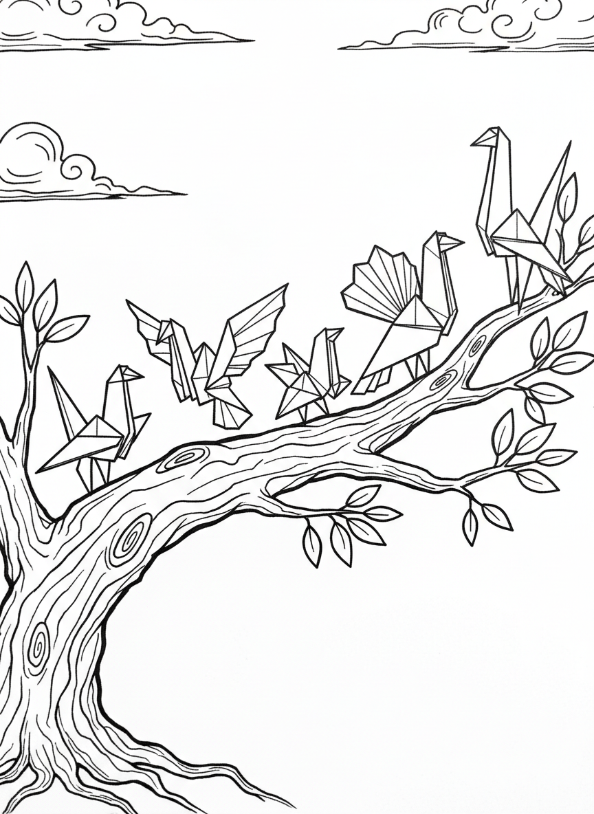 A group of five small origami birds sitting on a wire or branch, each slightly different in fold style and position.
