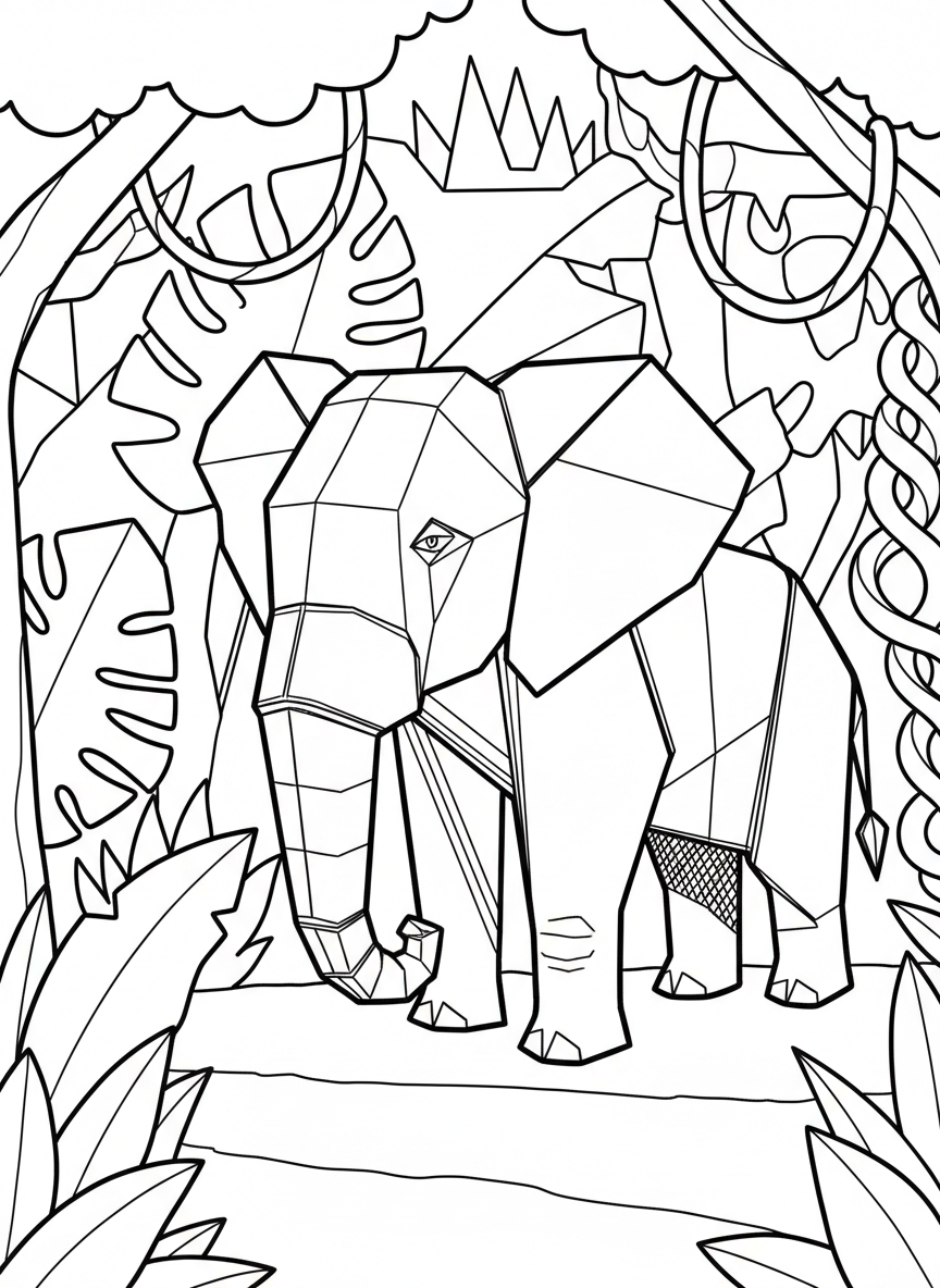 An origami elephant with large triangular ears and a long segmented trunk, standing in a simple jungle setting with paper-folded leaves.