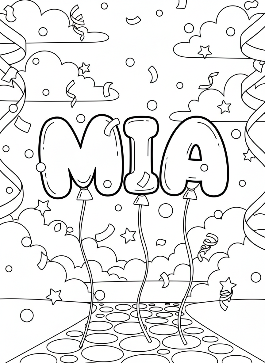 The name MIA in balloon-style letters floating with ribbons and confetti scattered around, black outline coloring page