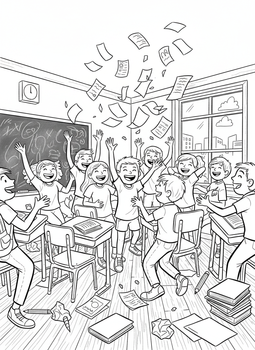 Students tossing papers in the air joyfully in a classroom, desks and chairs visible, confetti-like atmosphere