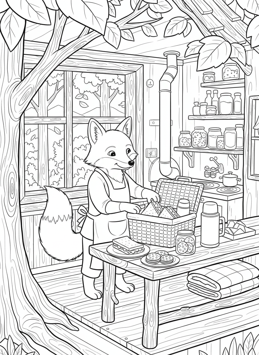 A fox preparing a picnic basket in a treehouse kitchen, packing sandwiches and treats for a forest adventure.