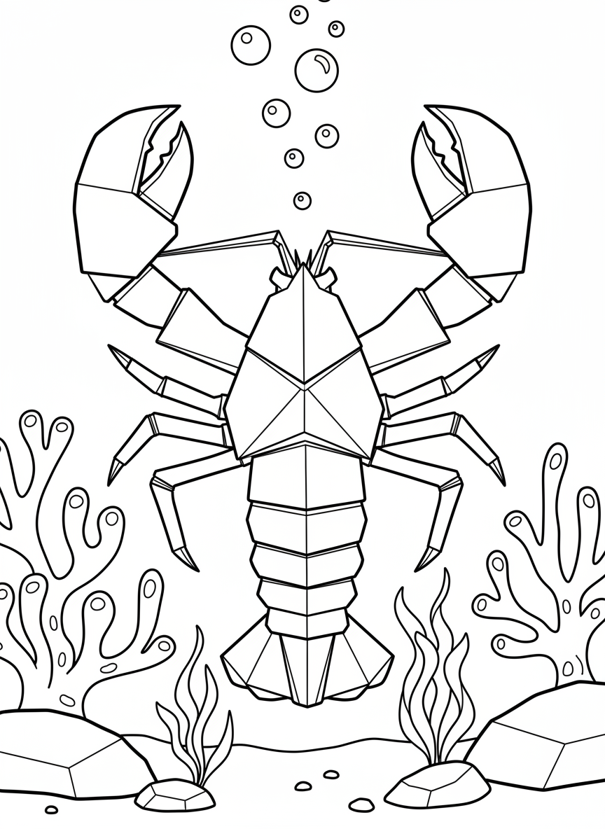 A complex origami lobster with multiple folded legs and large claws, detailed but clear line work