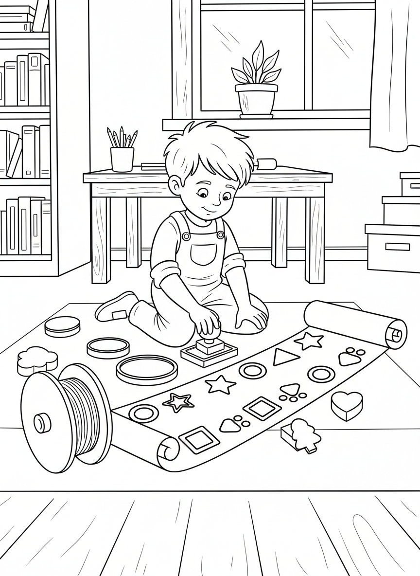 A child using stamps and ink pads to create patterns on a long sheet of paper, with various stamp shapes visible around them.