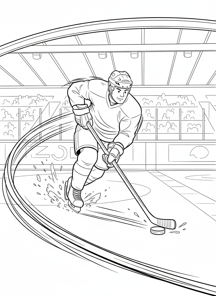 A hockey player skating fast with the puck, speed lines behind them, dynamic action scene