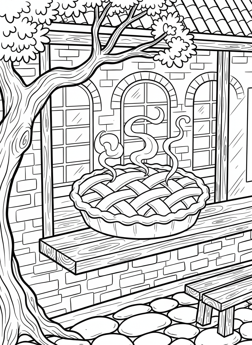 A pie cooling on a windowsill with lattice crust pattern, steam rising, and a bakery visible in the background