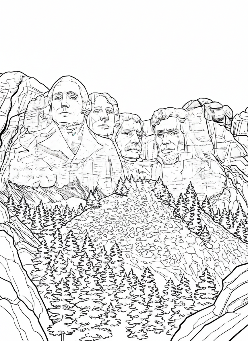 Mount Rushmore showing the four presidential faces carved into the mountain, with pine trees at the base and rocky texture.