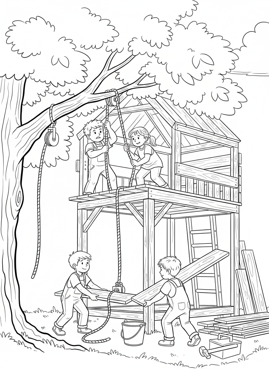Kids using pulleys and ropes to lift wooden boards and supplies up to their treehouse under construction.