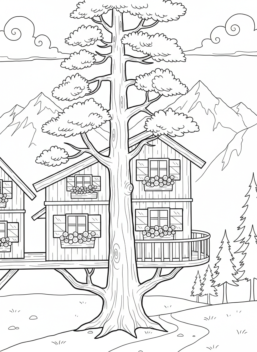A Swiss Alpine treehouse built around a tall pine tree, featuring wooden shutters, flower boxes, and a small balcony with mountain peaks visible behind.