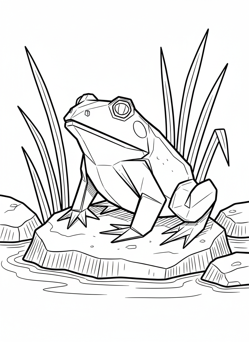 An origami bullfrog with a large geometric body and accordion-folded legs, sitting on a rock near water reeds