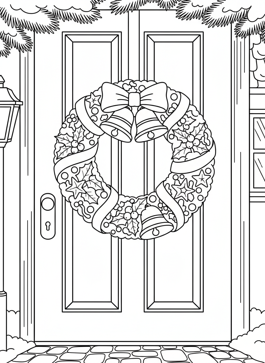 A decorative New Year wreath made of bells, ribbons, stars, and holly leaves hanging on a door
