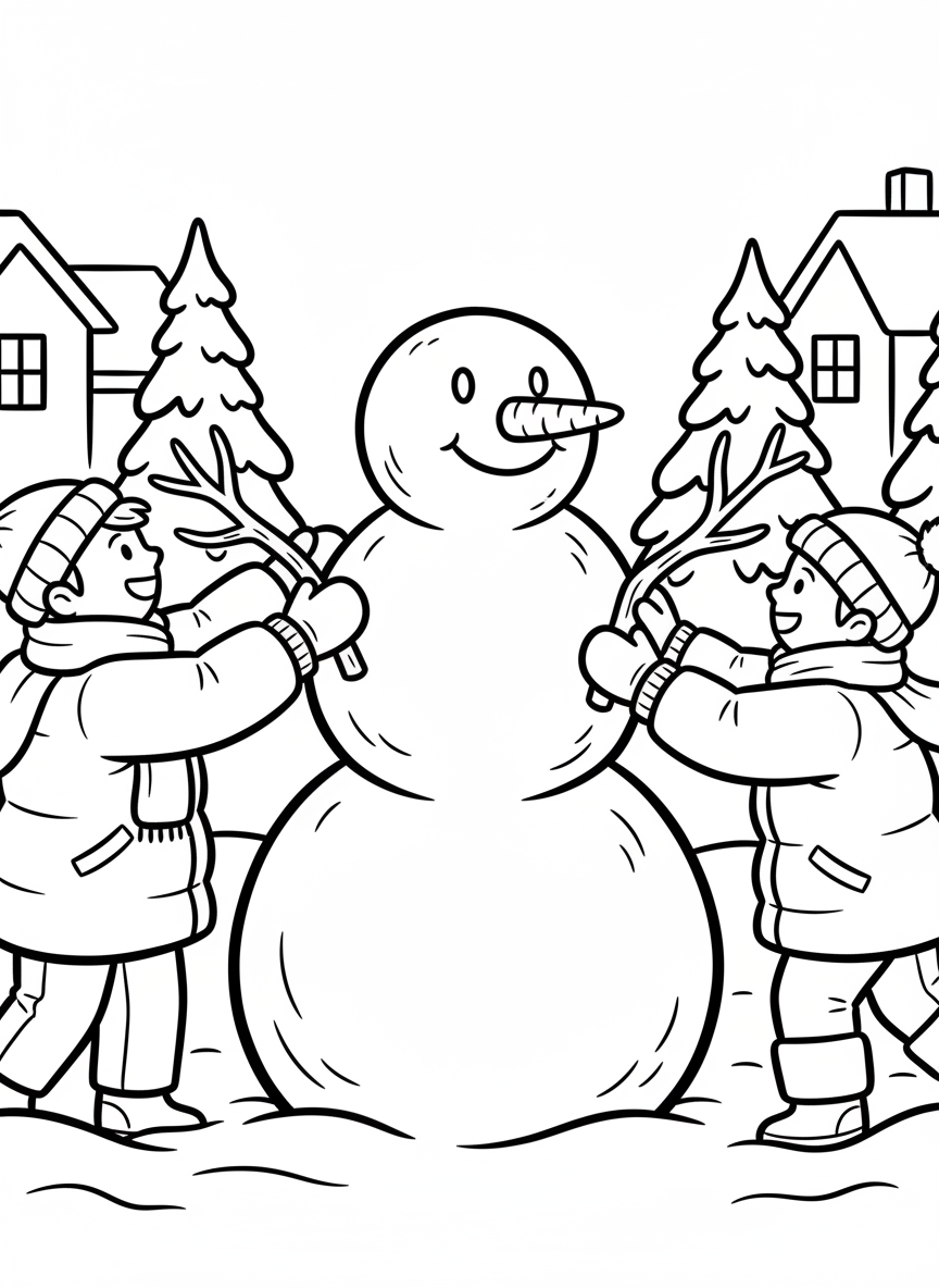 Two children building a snowman together, wearing winter coats and mittens, with a carrot nose and stick arms ready to add, simple scene.