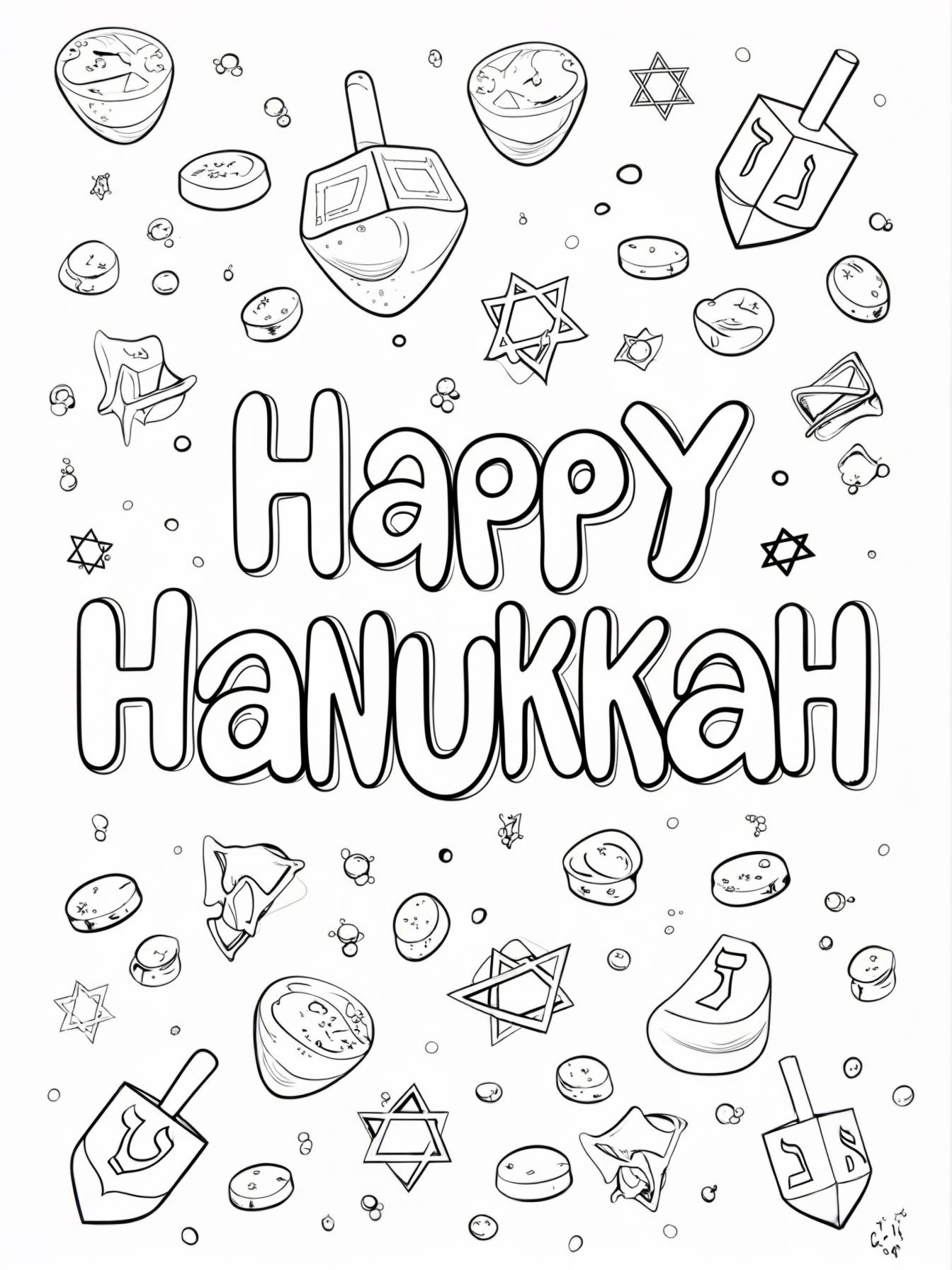 Happy Hanukkah: The words "Happy Hanukkah" in fun, bubbly letters, surrounded by small illustrations of dreidels, stars, and gelt.
