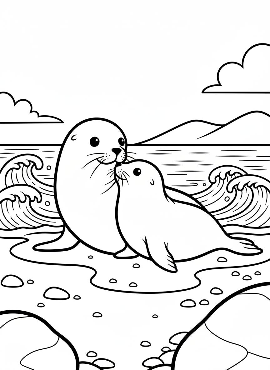 A seal mother nuzzling her pup on a quiet beach with gentle waves and scattered pebbles.