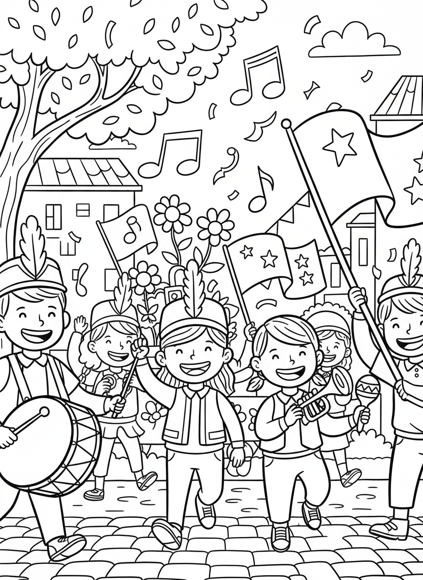A cheerful parade scene with kids marching and waving flags, musical notes floating around, and confetti in the air, simple composition
