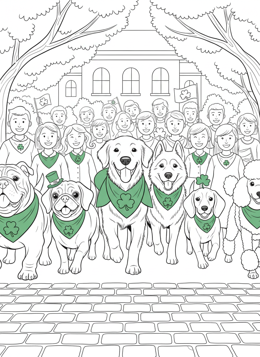 A group of dogs wearing green bandanas and shamrock costumes marching in a pet parade section.