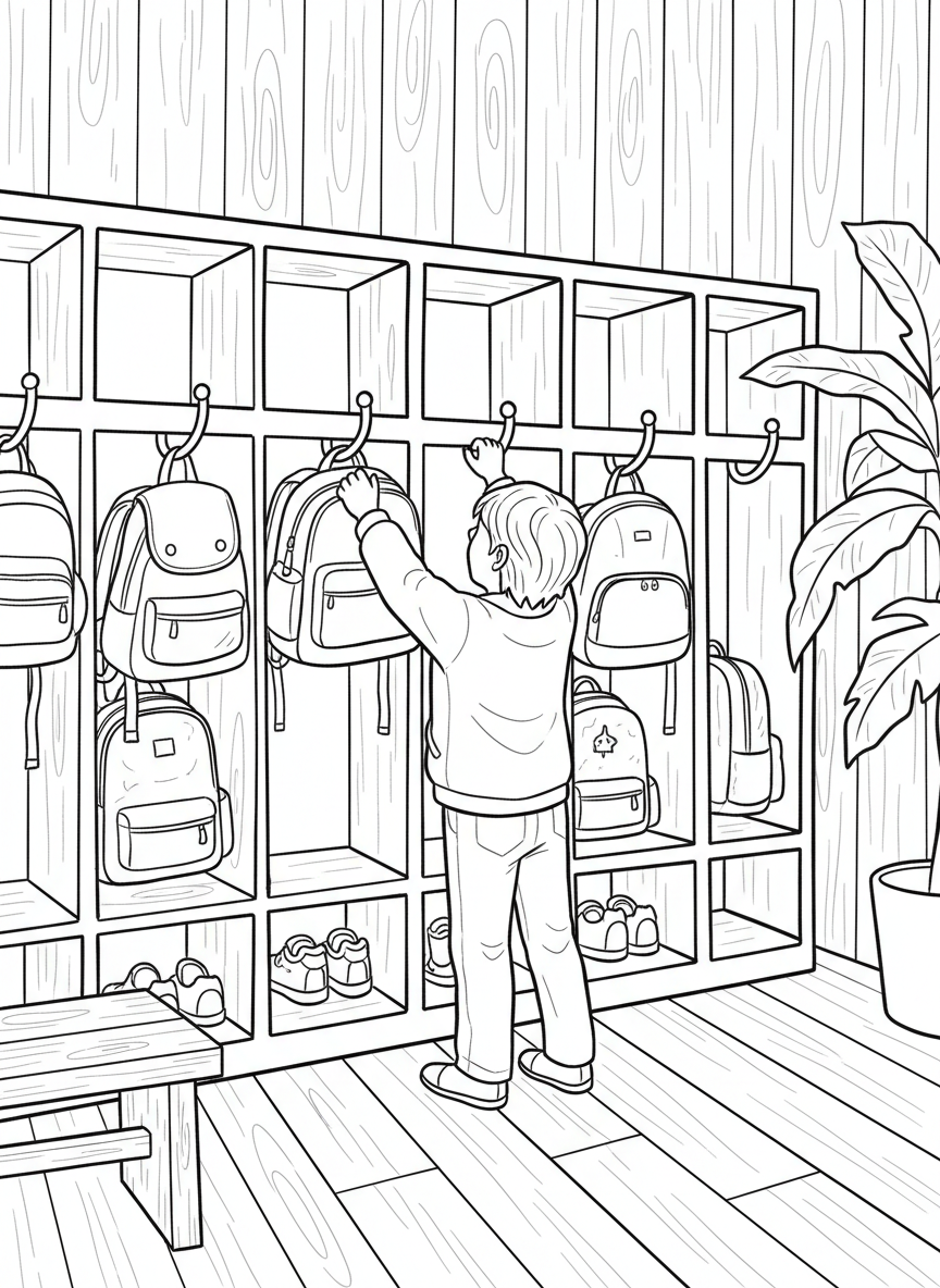 A child hanging up backpacks on wall hooks, other backpacks already hung, entryway or cubby area scene