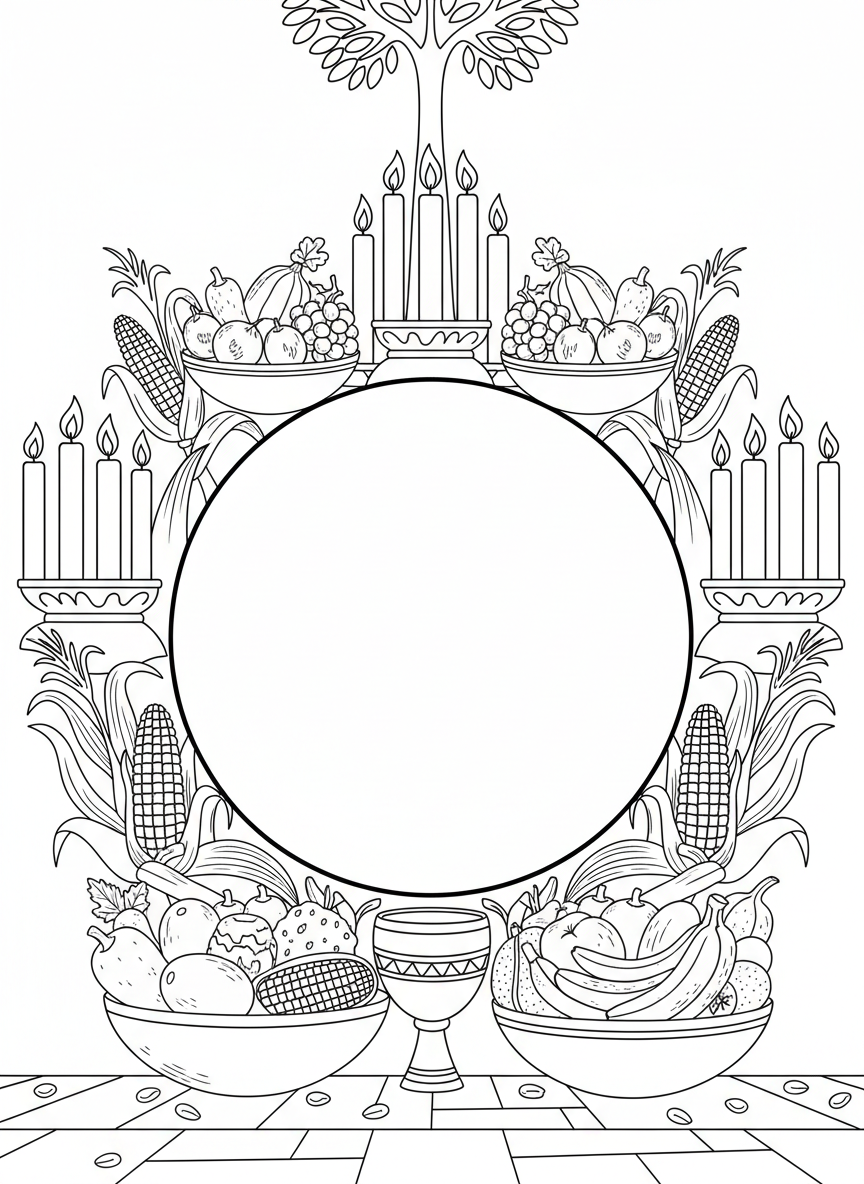 Seven principle symbols arranged in a border design: corn, candles, fruits, and unity cup, with space in the center for creative coloring.