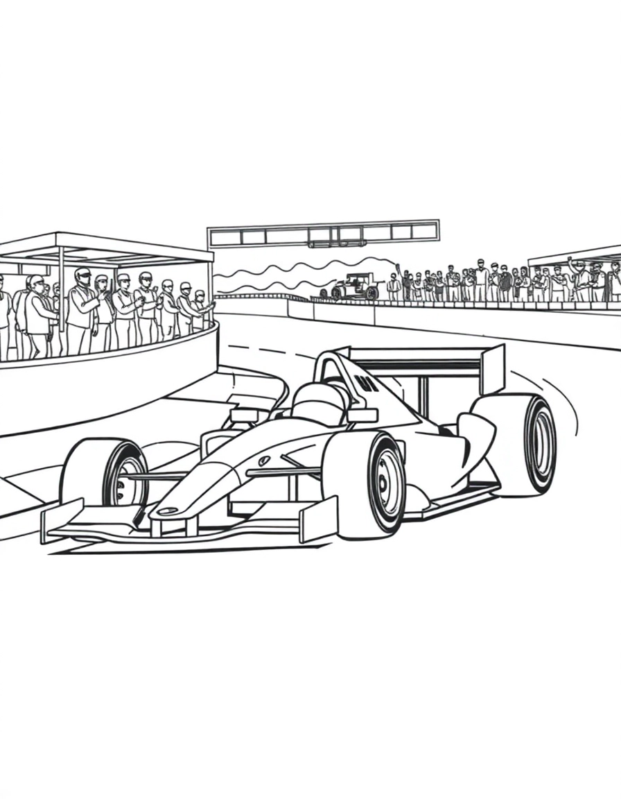 A Formula 1 car zooming around a racetrack corner, pit crew cheering in the background