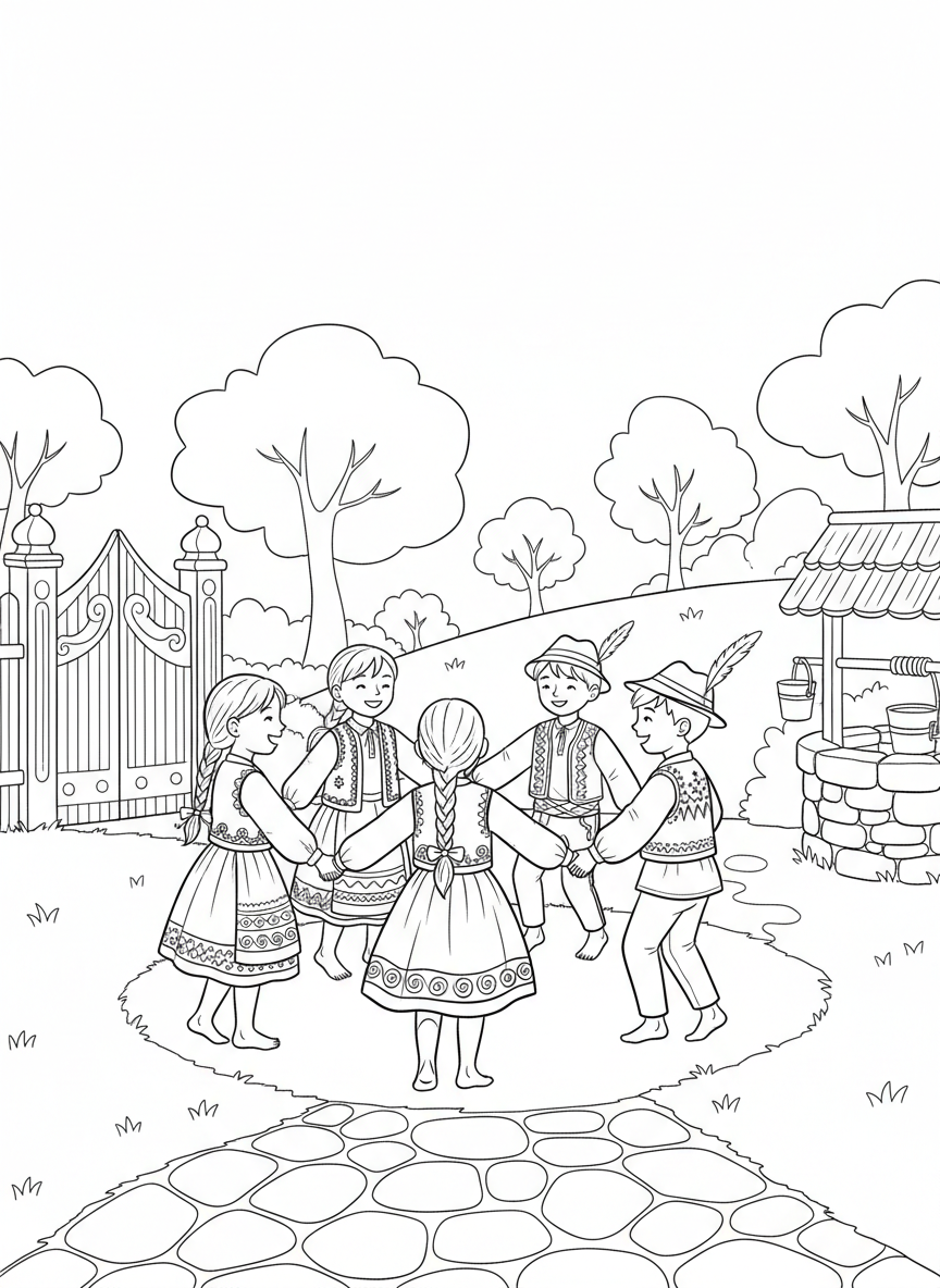 A group of five children holding hands in a circle doing a folk dance, wearing traditional costumes with patterns.