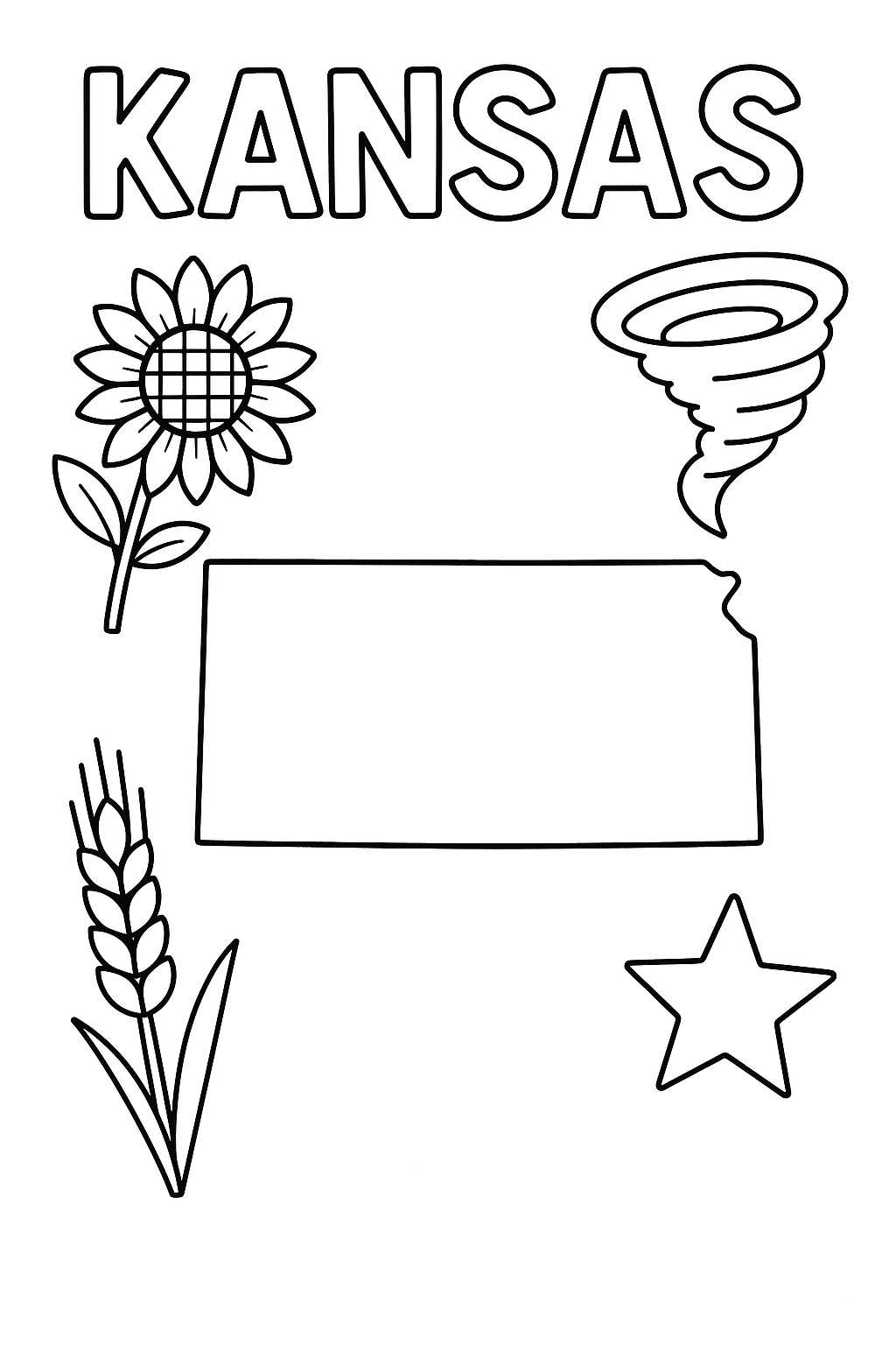 Kansas Write “Kansas” once at the top in outlined letters. Create a bold, centered outline of the state. Add one sunflower, one tornado, one wheat stalk, and one star in corners.