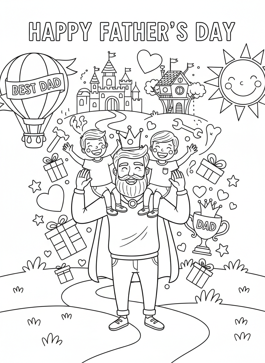 Father's Day children's coloring book cover, full color, vibrant kid-friendly illustration with whimsical father's day elements, clean composition, title-safe area at top.