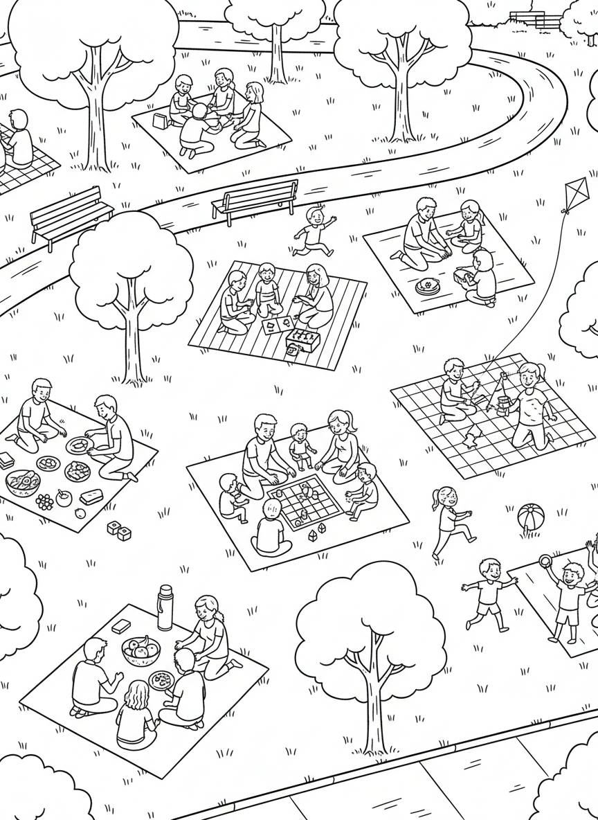 A bird's eye view of multiple picnic blankets arranged in a park with families, food, and games spread out.