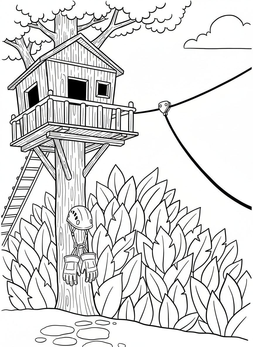 A treehouse with a zip line track going through tree branches, safety helmet and gloves hanging on a hook, detailed leaves