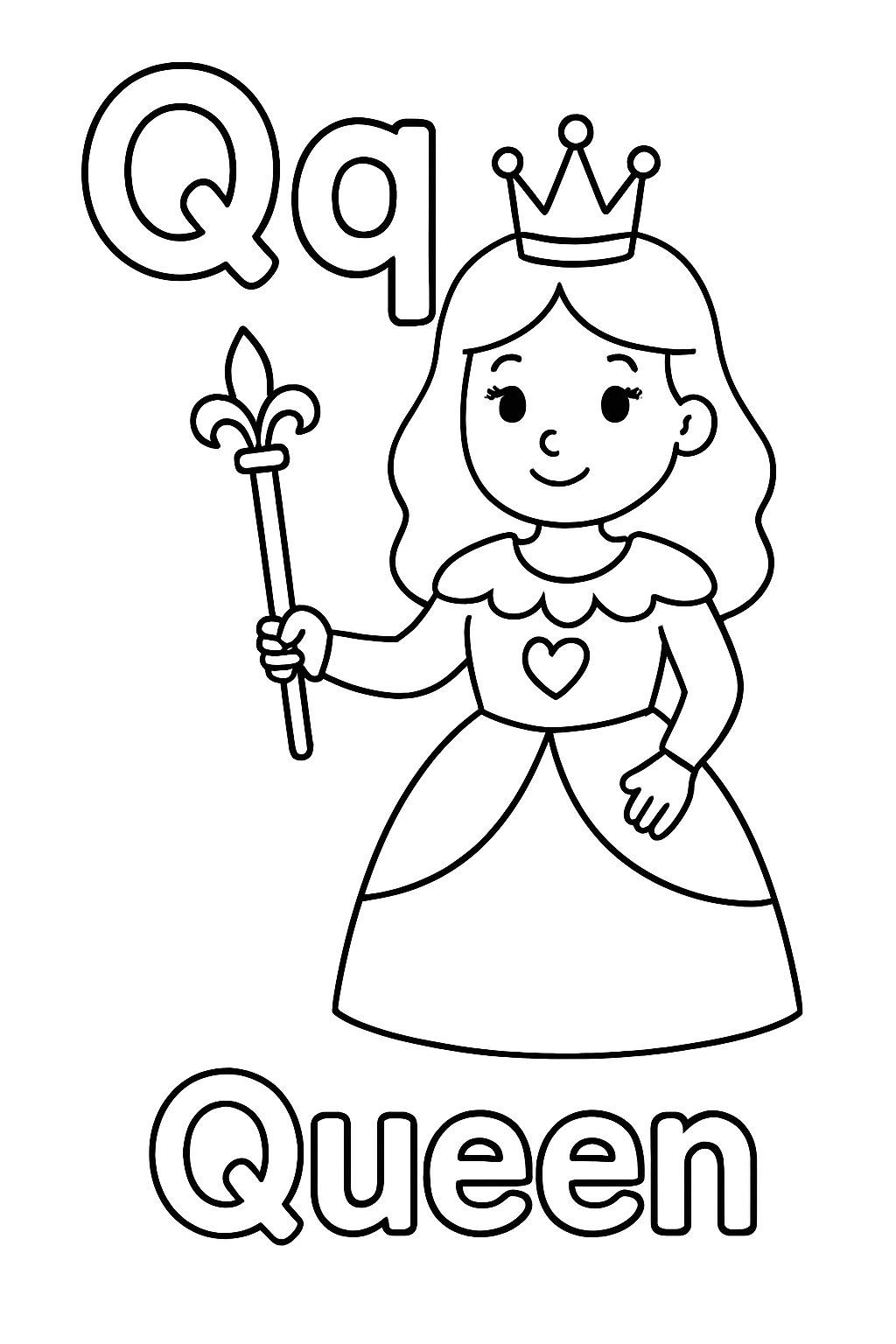 The uppercase letter “Q” next to the lowercase letter “q”. With a queen image under the letters. Write out the object “Queen” underneath the image