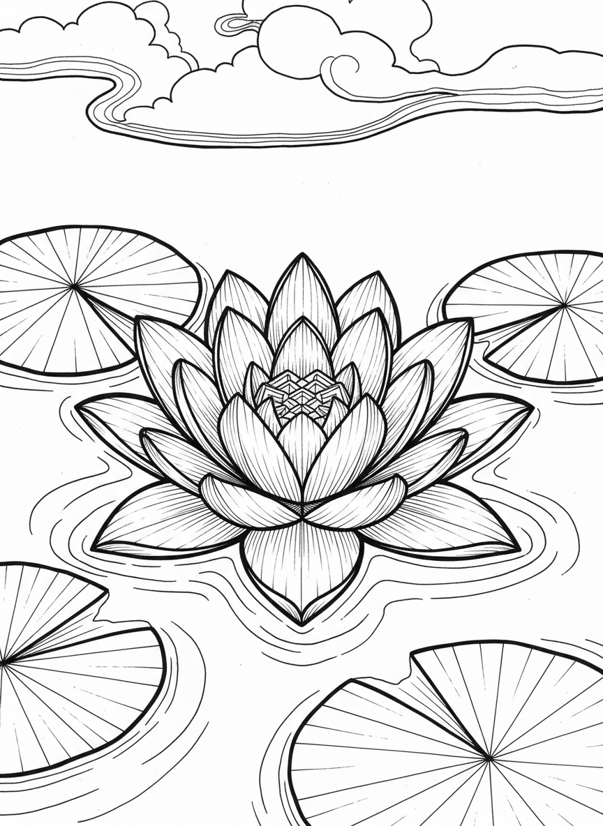 An origami lotus flower floating on water with symmetrical layered petals opening outward, showing clear paper fold lines and lily pads nearby.
