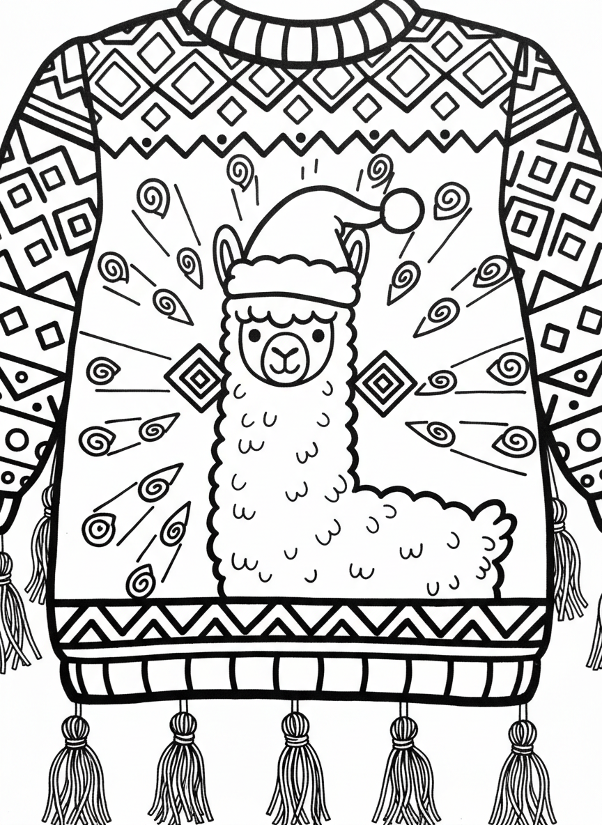 A playful sweater featuring a llama or alpaca wearing a Santa hat, surrounded by geometric Aztec-style patterns and tassels.