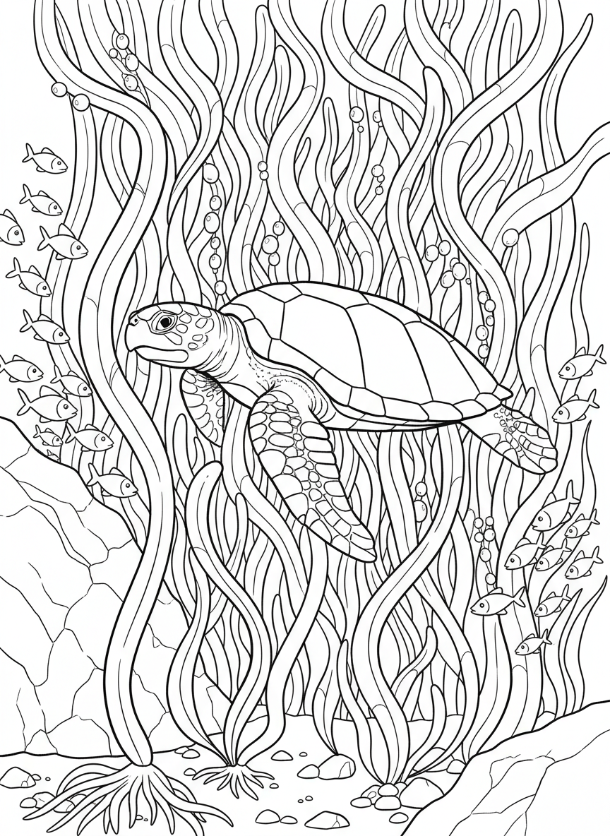Giant kelp forest from ocean floor to surface, with a sea turtle gliding through the middle, detailed scene for older kids