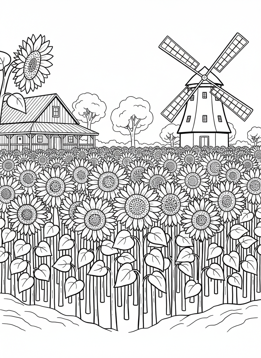 Sunflowers growing tall in a field with a windmill and farmhouse visible in the background.