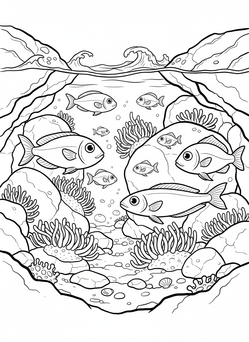 A tide pool cross-section view showing underwater rocks, swimming fish, anemones, and surface water line above.