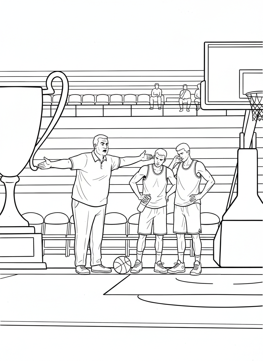 A coach standing on the sideline giving instructions to players during a timeout in the finals game.