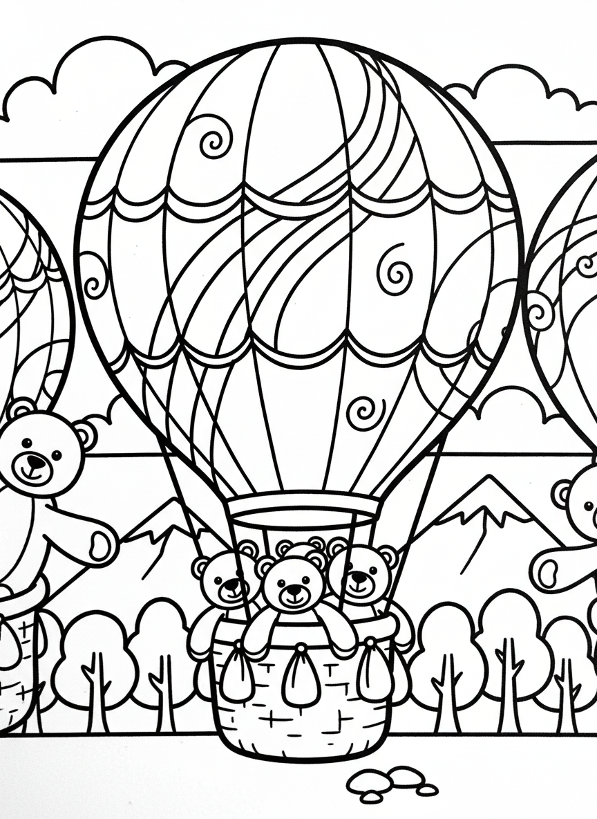 A whimsical hot air balloon decorated with rainbow stripes and swirls, carrying a basket full of teddy bears.