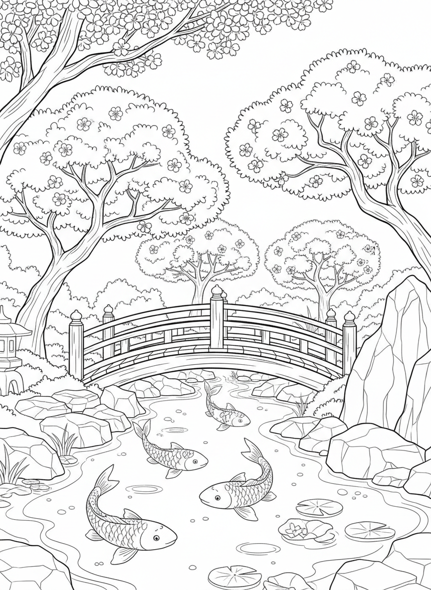 A peaceful Japanese friendship garden with a bridge, koi pond, and cherry blossom trees, line art for coloring