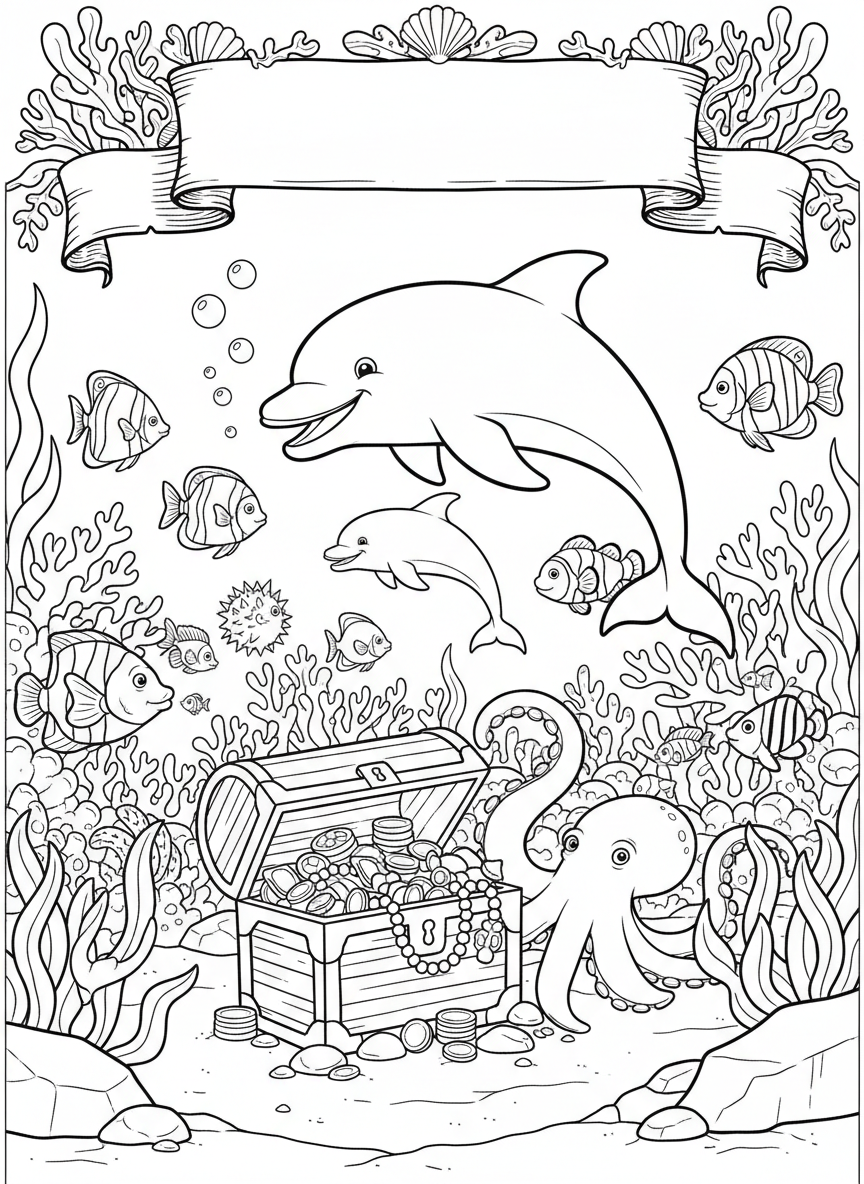 Underwater adventure coloring book cover, full-color illustration with smiling dolphins, colorful fish, and a treasure chest on the seafloor. Title-safe area at top.