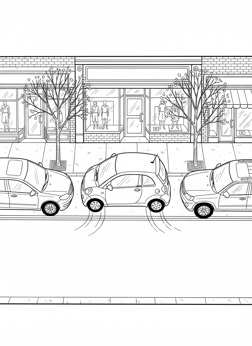 A small compact city car parallel parking between two other vehicles on a street with storefronts, bird's eye view