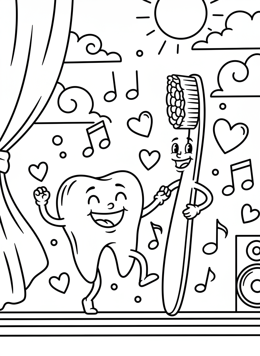 A smiling tooth and toothbrush dancing together with musical notes and hearts floating around them