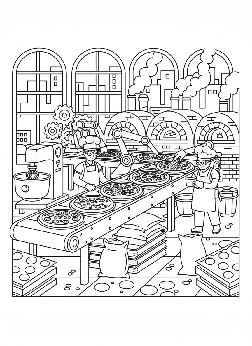 A conveyor belt in a pizza restaurant with different pizzas moving along, fun factory-style scene with details