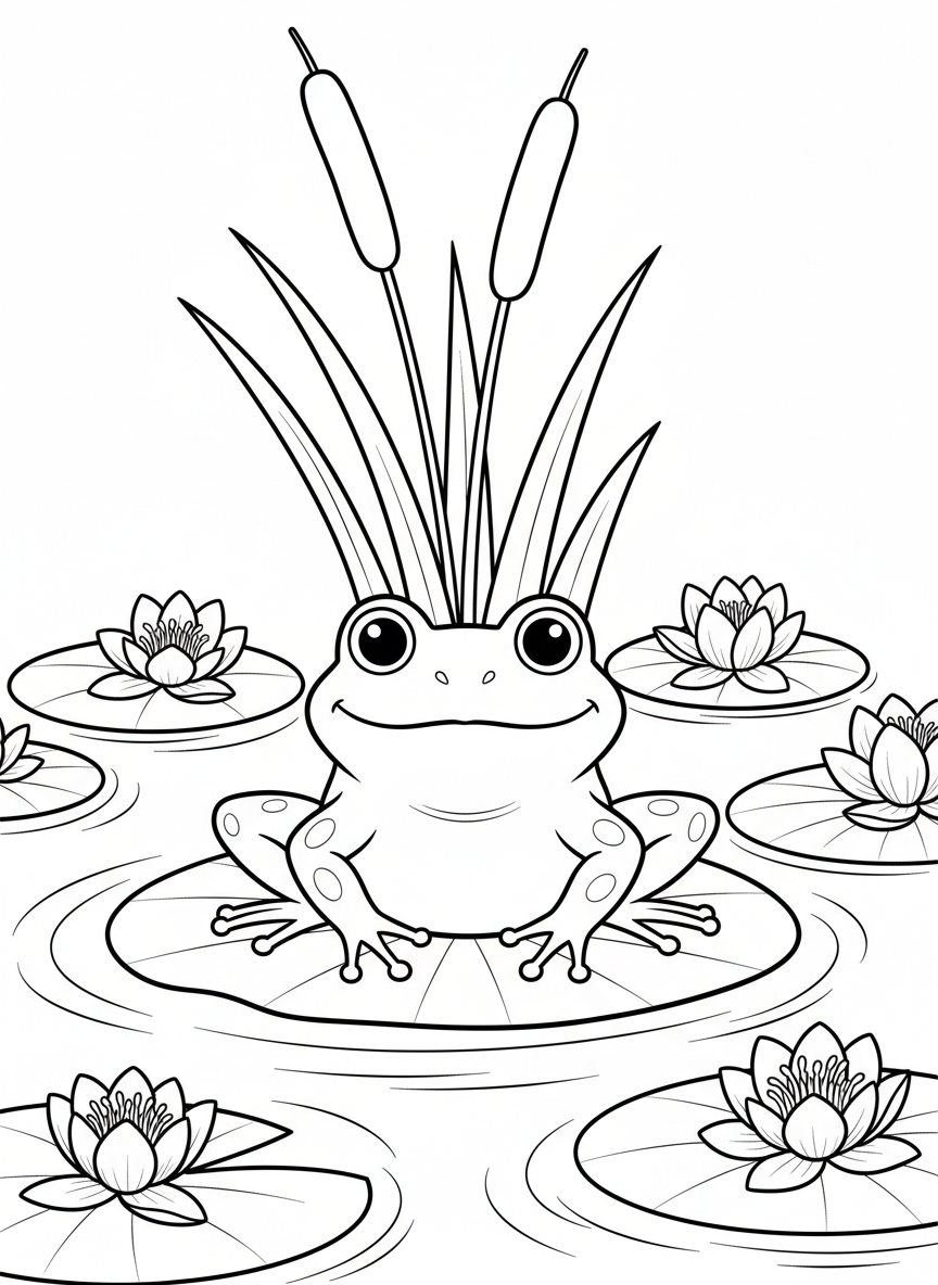 A smiling frog sitting on a lily pad in a pond, surrounded by cattails and blooming water lilies.