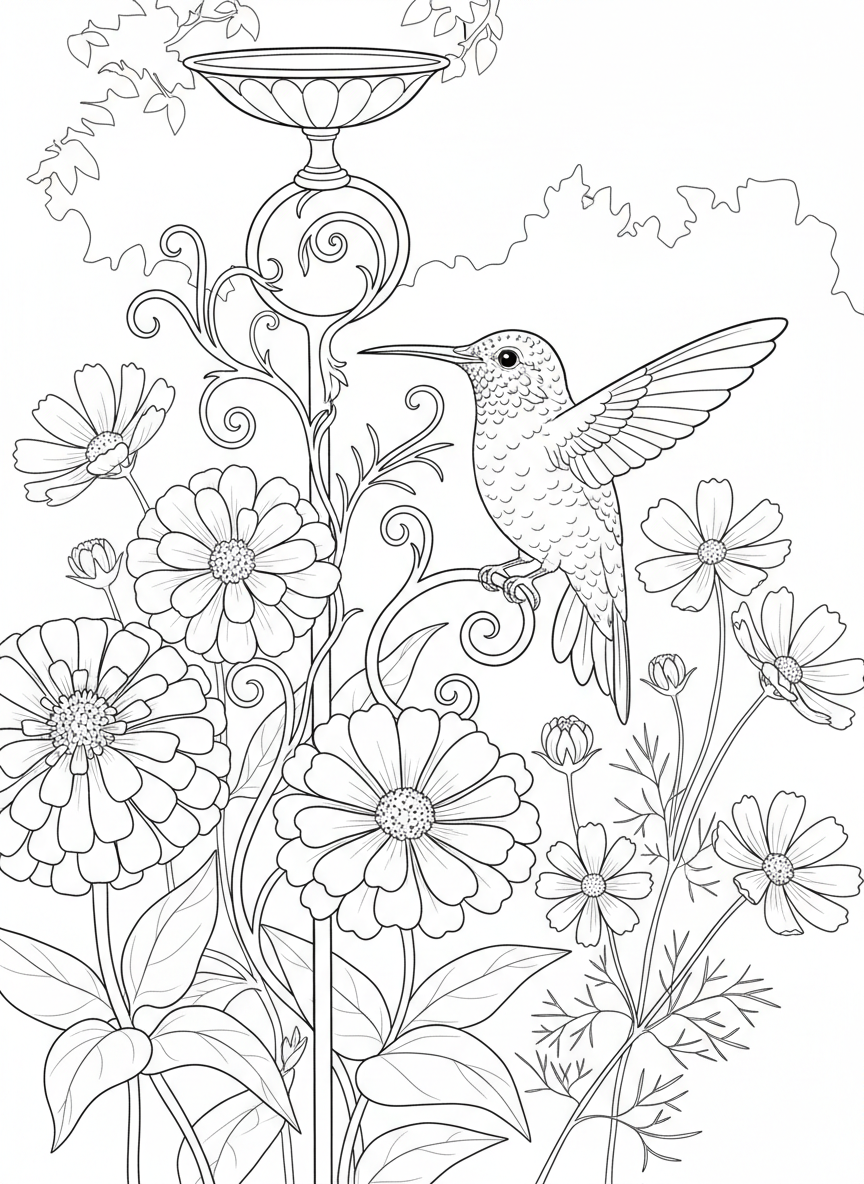 Whimsical scene of a hummingbird resting on a decorative garden stake surrounded by zinnias and cosmos flowers