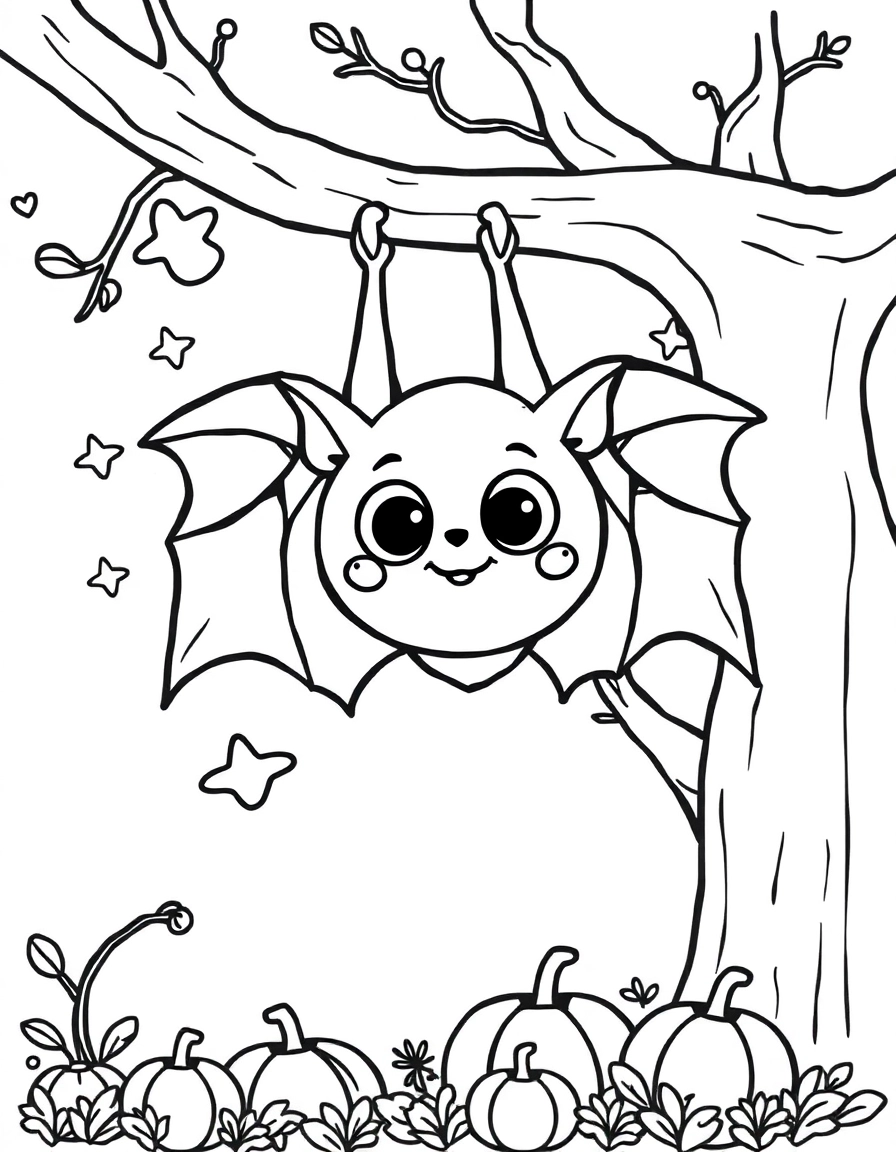 A round baby bat with big eyes hangs upside-down from a tree branch, surrounded by stars and little clouds. Add a pumpkin patch below for balance.