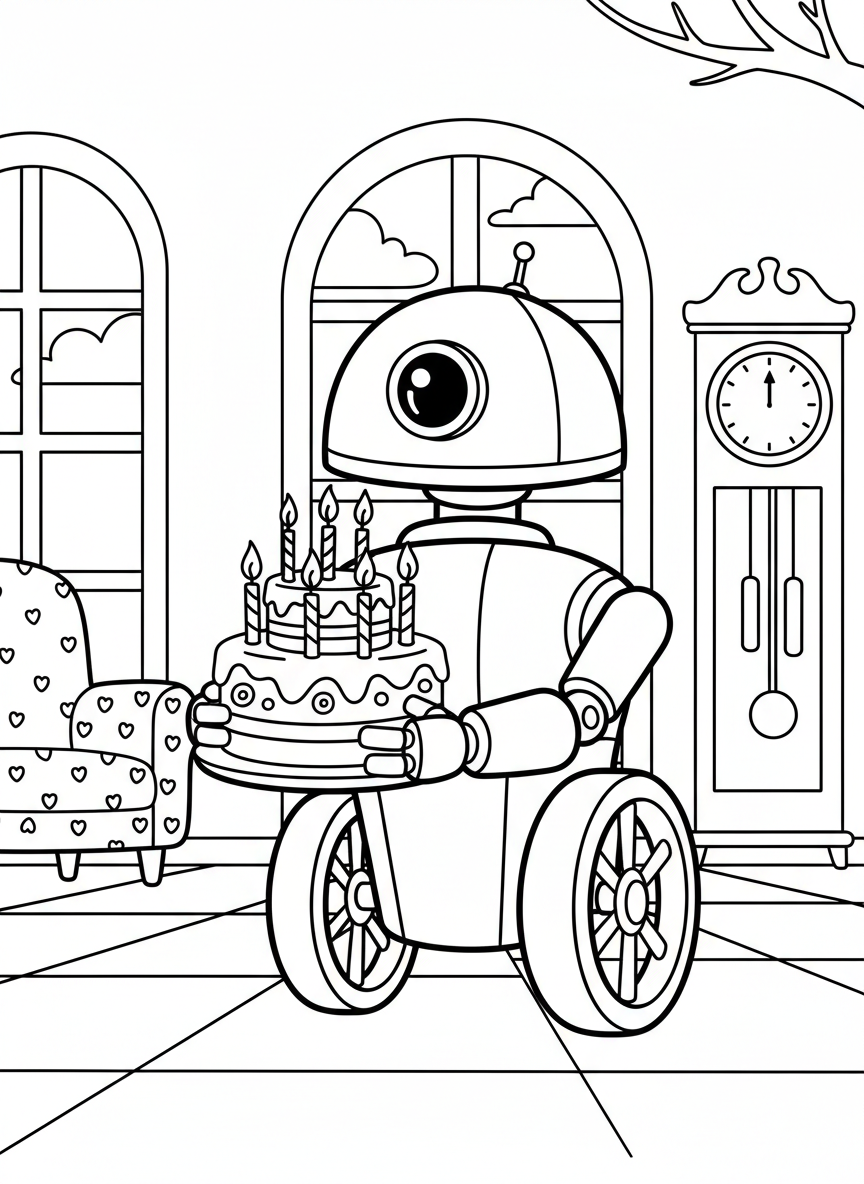 A small wheeled robot with a dome head and extending mechanical arms holding a birthday cake with candles.