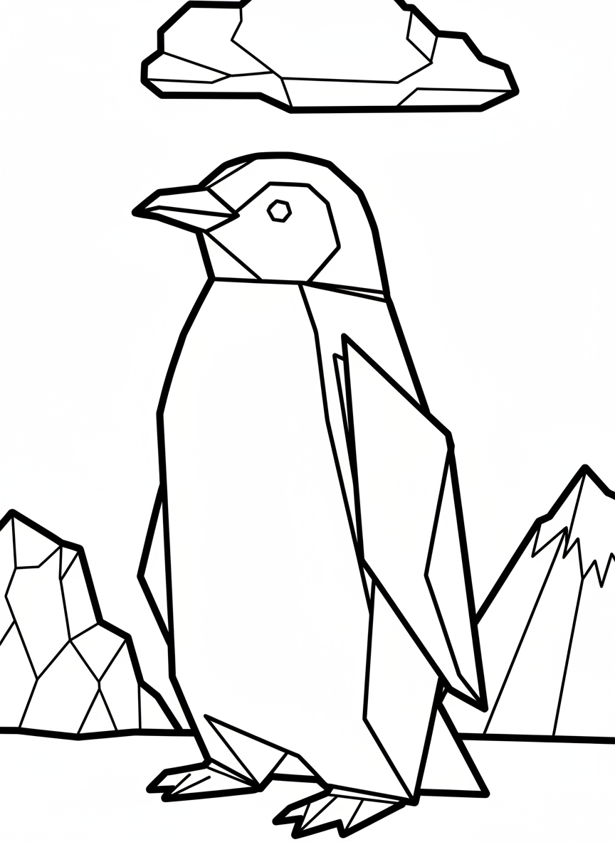 An origami penguin standing tall with a triangular body, flippers at its sides, and a pointed beak, all made from angular folded shapes.