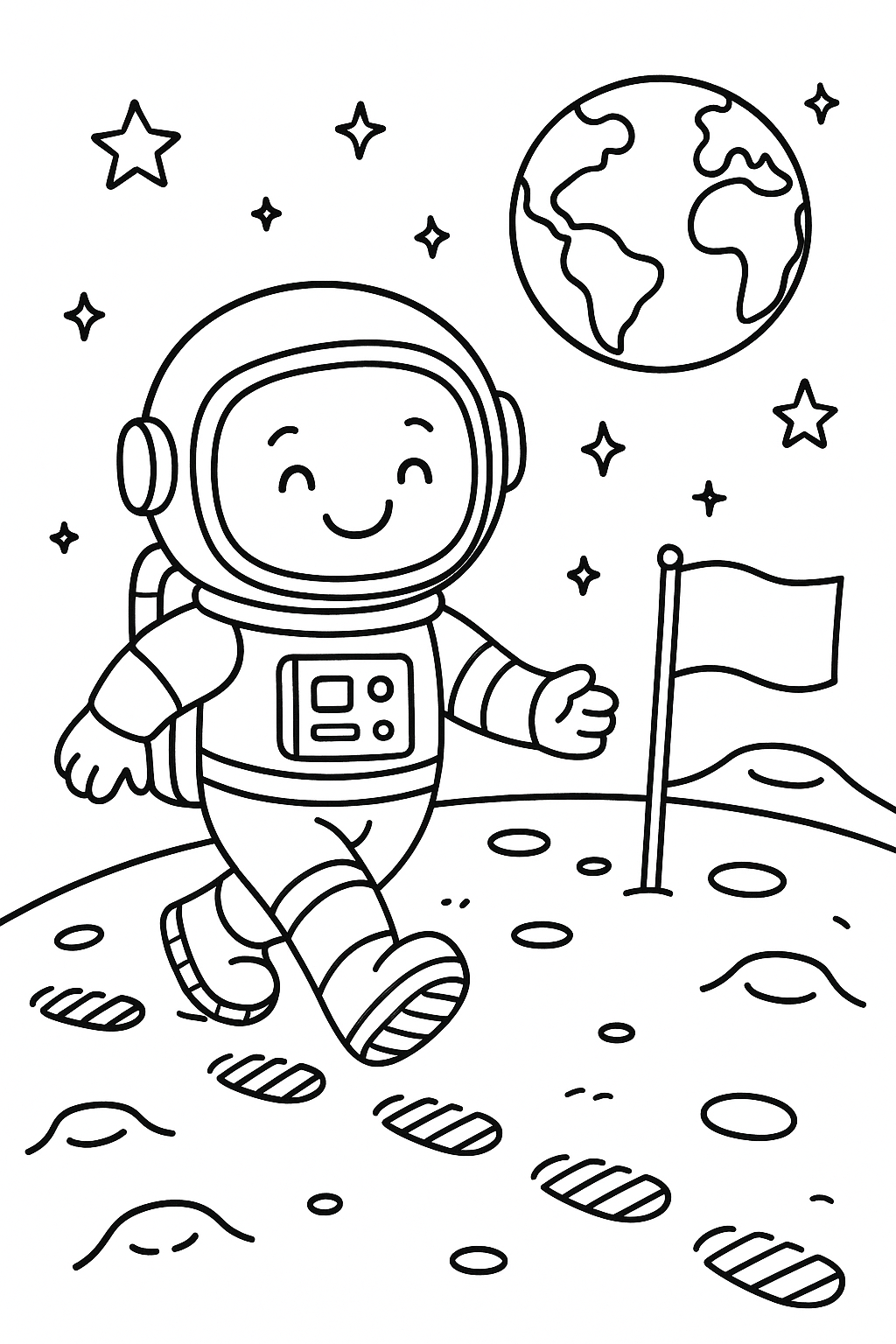 A smiling astronaut walking on the moon, leaving boot prints behind, Earth glowing in the sky, a waving flag nearby, stars sparkling, gentle craters around, and a playful cartoon space style for kids.