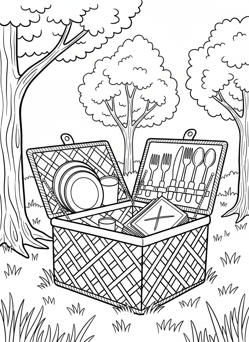 A woven picnic basket sitting open on grass, showing plates, cups, napkins, and utensils neatly arranged inside.